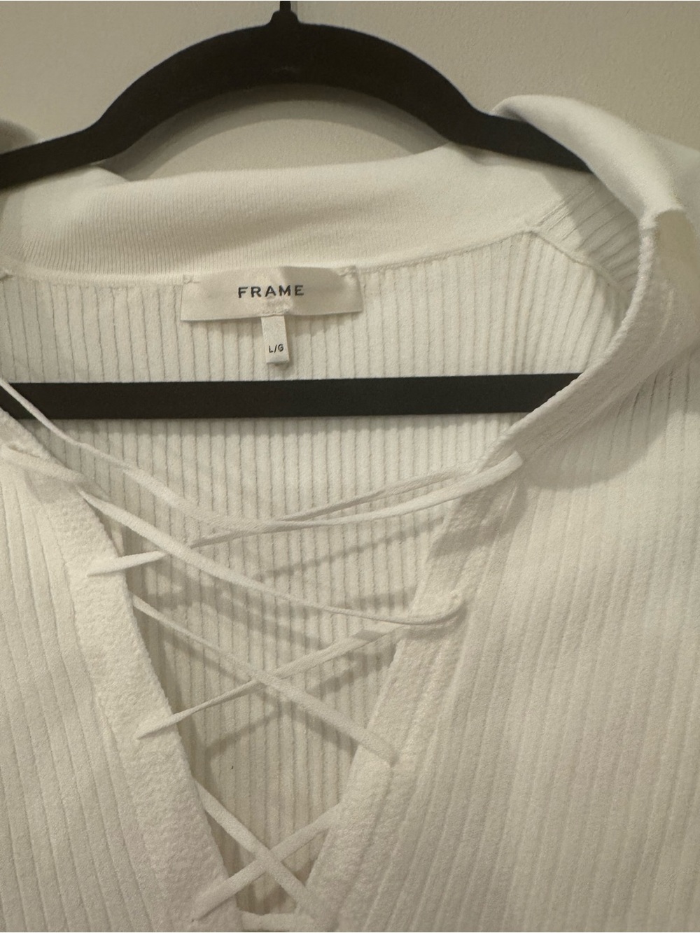 Frame Denim White Ribbed Lace-Up Women's Top